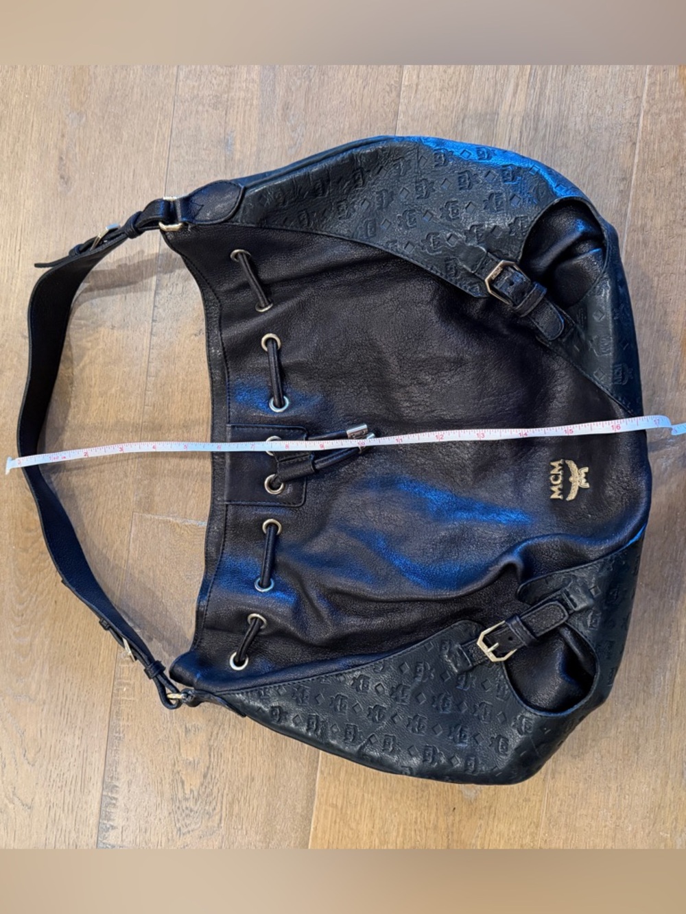 MCM Black Leather Monogram Drawstring Hobo with Gold Hardware - Picture 13 of 15